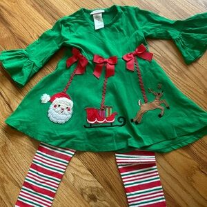 Bonnie Jean Green Holiday Dress with Santa and Reindeer